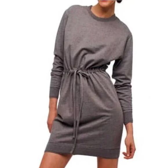 Norma Kamali M Long Sleeve Heather Gray Sweatshirt Dress Drawstring - Picture 8 of 8
